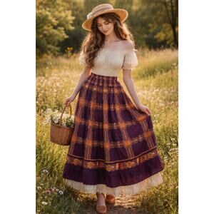 HERMAN GEIST Vntg Floral Novelty Detailed Skirt Size 12 Pleated Cottage Prairie